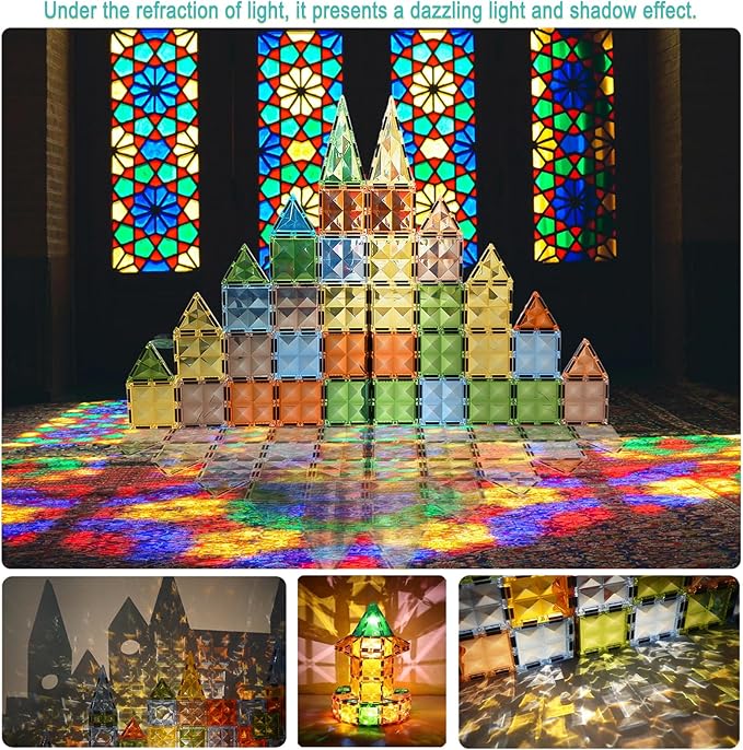 Magnetic Tiles Diamond Series with Lights 4 Pull-Back Metal Cars&7 Airplanes Magnet Tiles Building Block Toy for Kids Educational Construction STEM Toy, Great Gift for Kids Aged 3-8