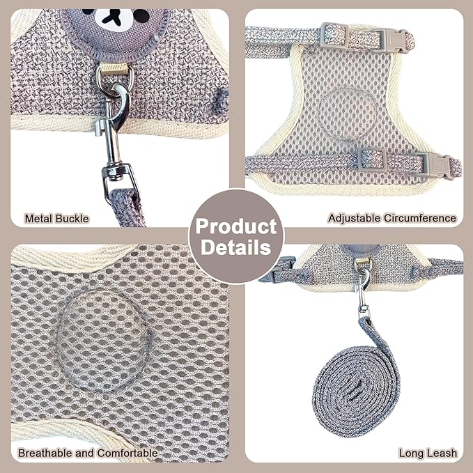 2-Pack Rabbit Harness and Leash Set – Adjustable Small Animal Vest Harness with Safety Buckle – Breathable & Lightweight – Ideal for Rabbits, Ferrets, Guinea Pigs, and Cats (Grey)