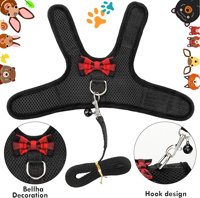 4 Pieces Guinea Pig Harness and Leash Soft Mesh Small Pet Harness with Bowknot Bell, No Pulling Comfort Padded Vest for Guinea Pigs, Ferret, Chinchilla, Bunny, Rats, Iguana, Hamster