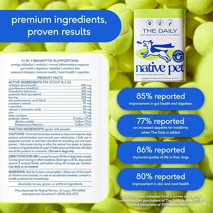 Native Pet Dog Vitamins & Supplements - 11-in-1 Vitamin Powder for Dog Food Topper - Collagen, Glucosamine, Probiotics, Omega & More- Supports Healthy Gut, Mobility & Overall Health - 120 Scoops