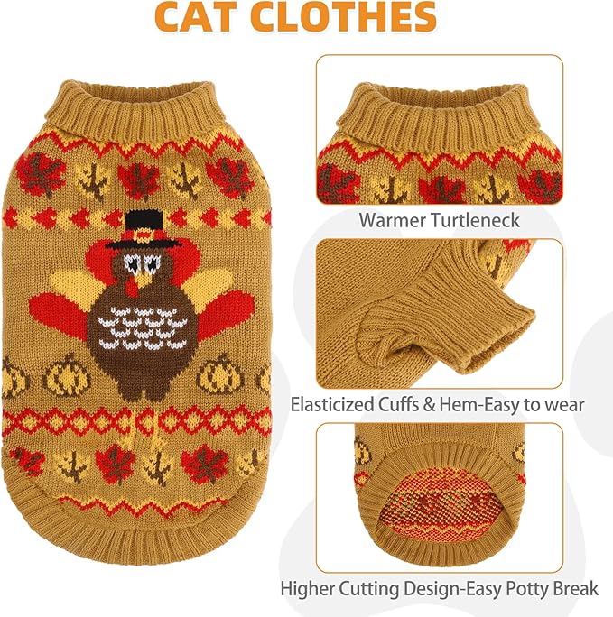 KOOLTAIL Thanksgiving Cat Sweater Turtleneck - Soft Knit Cat Sweaters for Cats Only, Turkey Pattern Thick Warm Winter Cold Weather Pet Clothes for Small Medium Large Kitten Puppy Boys Girls, Brown S