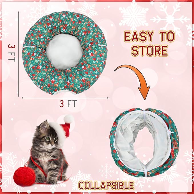 Christmas Cat Tunnel Bed for Indoor Cats Under Christmas Tree Skirt Tube with Hanging Ball Plush Cat Cave, Washable Holiday Pet Gift Toy & Gift for Kittens(Santa)