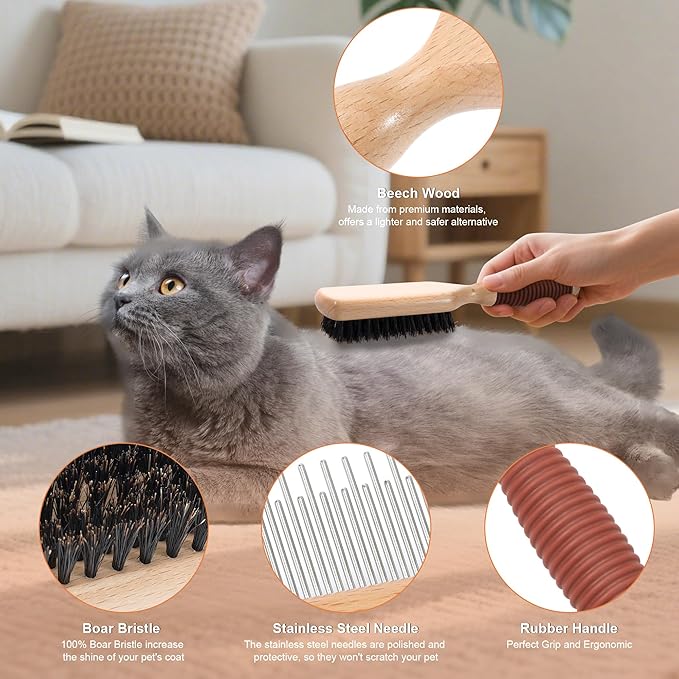 2 in 1 Pin and Boar Bristle Brush for Dogs & Cats, Shedding Grooming Dog Brush for Short Haired Dogs, Cats, Pets with Beech Wood Rubber Handle