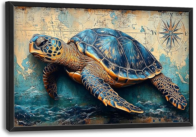 Large Nautical Turtle Wall Art for Living Room, Coastal Ocean Canvas Oversized Wall Decor, Beach Aesthetics Framed Pictures Painting Print Artwork for Bedroom Office 36L" x 24W"
