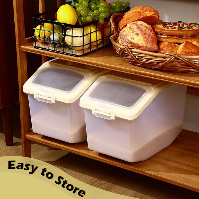 Sunnyray 4 Pcs Rice Storage Container 27.6 lb Airtight Flour Container with Wheels and Lids Measuring Cup Clear Pet Food Dog Birds Cat Food Bin Grain Cereal Organizer Box (Cream)