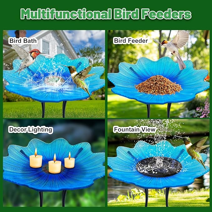 HONGLAND Glass Birdbath with Metal Stand Outside Yard Garden Decor, 15" Diameter Detachable Glass Bird Baths Bowl for Outdoors, 21 inch Height (Blue Flower)