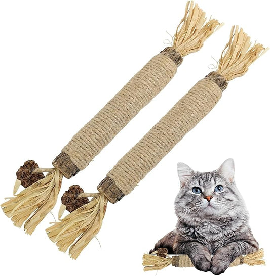 Catnip Silvervine Sticks for Cats | Silver Vine Chew Toy or Cat Chew Stick | Kitten Teething Toys | Cat Dental Chew with Cat Raffia Grass for Healthy Teeth & Digestion | Silvervine Cat Toy | 2 Sticks