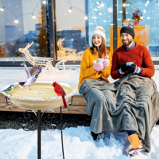 Daoeny Heated Bird Bath for Winter, Upgraded 100W Heated Bird Baths for Outdoors Thermostat Control with 5-Prong Metal Base, Heated Bird Bath for Outside Winter Garden Patio Yard Lawn (Khaki)