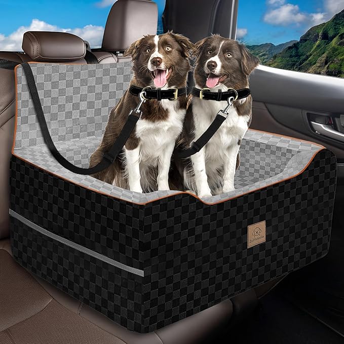 Large Dog Car Seat for Back Seat – Removable Dog Booster Seat & Washable Pet Car Seat for Medium & 2 Small Dogs up to 60lbs – Safety Straps & Storage Pocket – Travel & Home Use (Gray/Black)