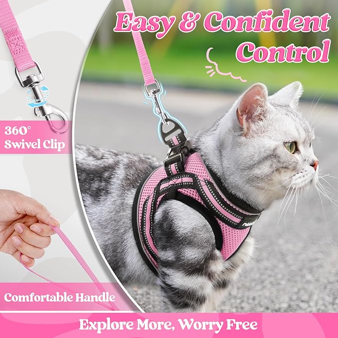 rabbitgoo Cat Harness and Leash Set for Walking Escape Proof, Adjustable Soft Kittens Vest with Reflective Strip for Cats, Comfortable Outdoor Vest, Pink, M