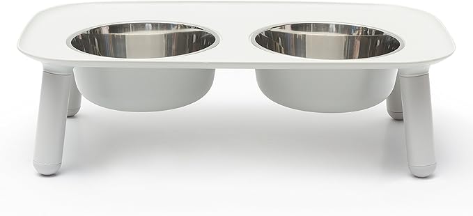 Messy Mutts Elevated Double Feeder with Stainless Bowls | Adjustable Height 3”, 5”, or 10” | Adjustable Standing Feeder for Dogs | 5 Cups per Bowl | Light Grey