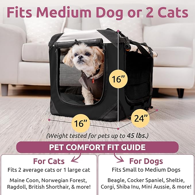 Soft-Sided Cat & Dog Pet Carrier, Large 24"x16"x16", Fits Large Cat, 2 Cats, or Medium Dog Comfortably, Great for Travel & Vet Visits, Privacy Windows, Removable Bed, Locking Zippers, Folds Flat
