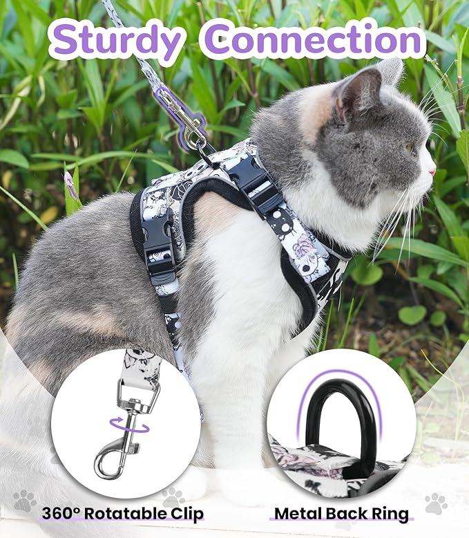 Halypet Cat Harness and Leash Set for Walking, Escape Proof Adjustable Vest Harness with 3-in-1 Integrated Buckles, Easy Control Soft Breathable Mesh with Reflective Strips for Cats, M, Moonlight Meow