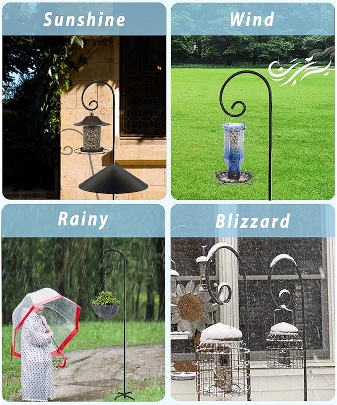 Outdoor Shepherd Hooks 108 inch Tall for Bird Feeder (2 Packs), Adjustable Metal Garden Poles for Hanging Plants Solar Light Lantern, Bright Black