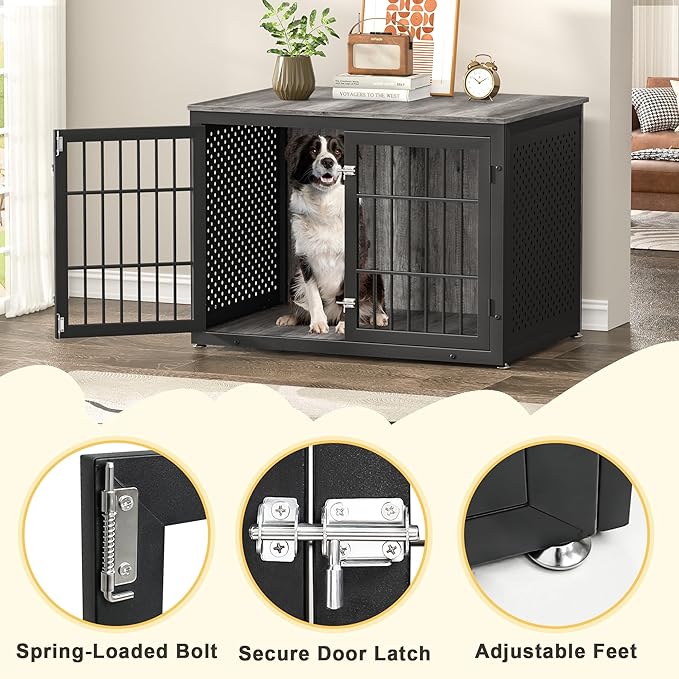 42" Heavy Duty Dog Crate Furniture for Large and Medium Dogs, Enclosed Design Wooden Metal Kennel, Wooden Cage Furniture Indoor, Decorative Dog Kennel End Table