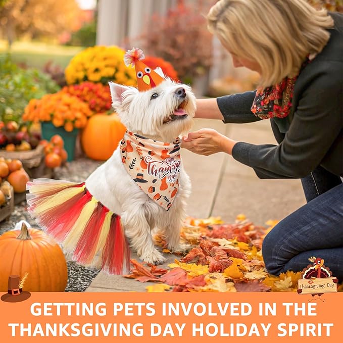 SCENEREAL Thanksgiving Dog Bandana Dress with Hat Set, Pet Turkey Costume for Small Medium Sized Dogs, Cute Tutu Skirt Outfit for Party Halloween