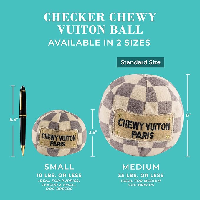Haute Diggity Dog Checker Chewy Vuiton Ball, Plush Designer Dog Toys with Interactive Squeaker, Stimulating Pet Enrichment, Machine-Washable & Safe Materials for All Breeds, Size Small