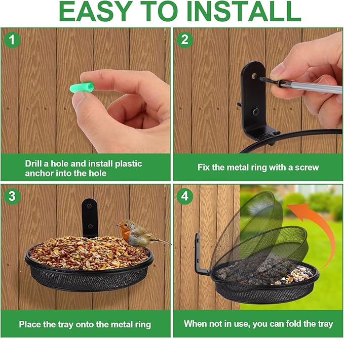 2 Fence Bird Feeder Trays - Outdoor Tree Mounted Wild Bird Bath, 7” in Diameter Feeders with Heavy-Duty Iron Rings, Installed on Wooden Fences, Trees, Decks, Indoor and Outdoor Walls