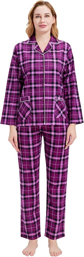 GLOBAL Flannel Pajamas for Women 2-Piece Comfy and Cozy Flannel Pj Set Cotton Loungwear