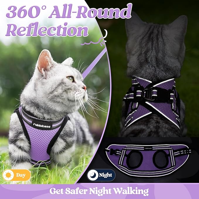 rabbitgoo Cat Harness and Leash Set for Walking Escape Proof, Adjustable Soft Kittens Vest with Reflective Strip for Cats, Comfortable Outdoor Vest, Light Purple, S