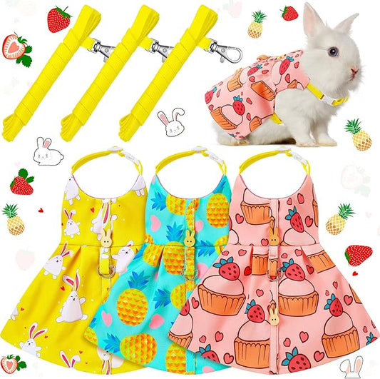 3 Sets Rabbit Bunny Harness and Leash, Cute Easter Bunny Clothes for Rabbits Dress Costume Walking Harness Escape Proof Pet Supply for Hedgehog Ferret Squirrel (Cake, Animal, Pineapple)