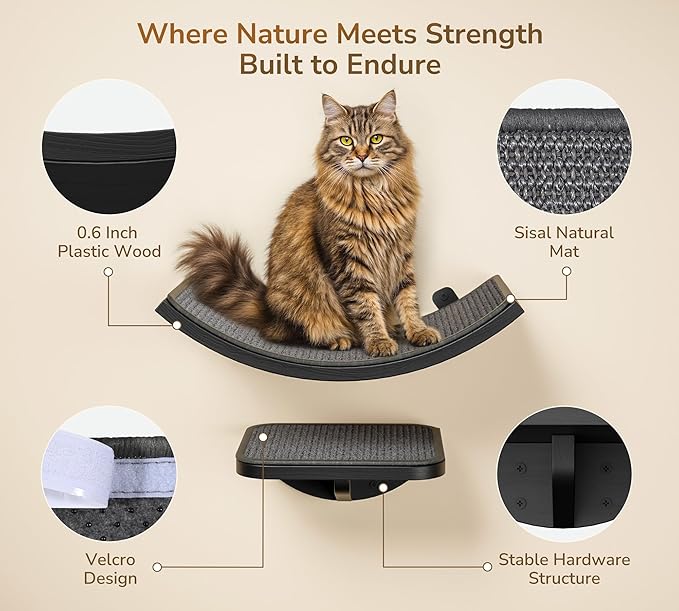 Gray Cat Wall Shelf with Grey Sisal Mat, Curved Cat Bed for Scratching and Resting, Wall Mounted Hammock for Large Cats