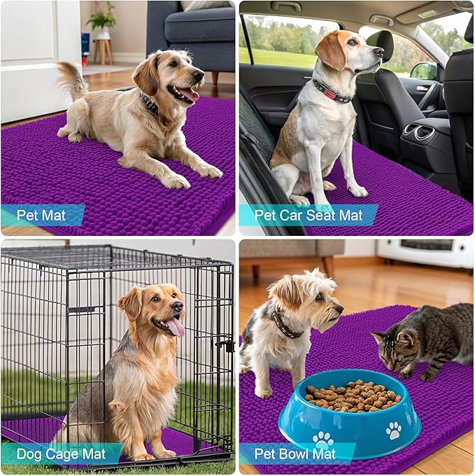 OLANLY Dog Door Mat for Muddy Paws 70x35, Absorbs Moisture and Dirt, Absorbent Non-Slip Washable Doormat, Quick Dry Chenille Mud Mat for Dogs, Entry Indoor Entryway Carpet for Inside Floor, Purple