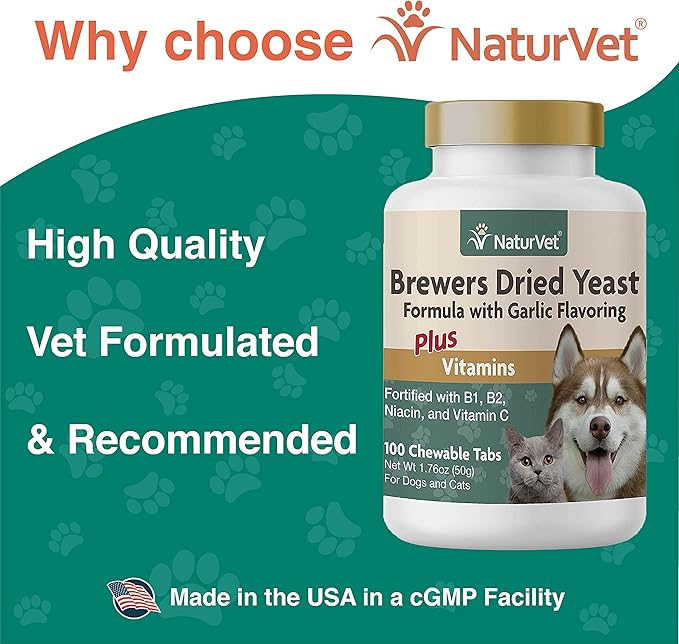 NaturVet Brewers Dried Yeast Formula with Garlic Flavoring Plus Vitamins for Dogs and Cats, Chewable Tablets, Made in The USA with Globally Source Ingredients 100 Count
