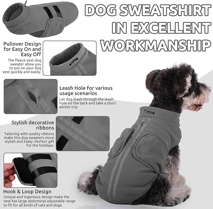 Queenmore Small Dog Sweaters, Soft Fleece Vest Pullover Dog Jacket with Leash Hole, Warm Winter Dogs Clothes Cold Weather Doggy Dachshund Sweater for Small Doggy Cats Boy or Girl (Grey, S)