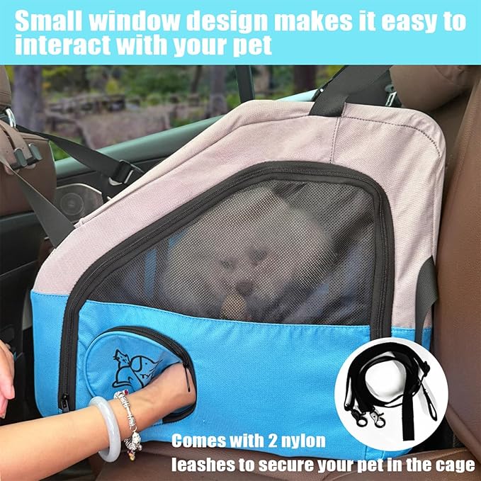 Small Portable Pet Crate for Car Travel, 19"x19"x17" Foldable Dog & Cat Carrier with Secures Seatbelt & Headrest Strap, Oxford Soft-Sided Pet Kennel with Removable Bed for Small Pets
