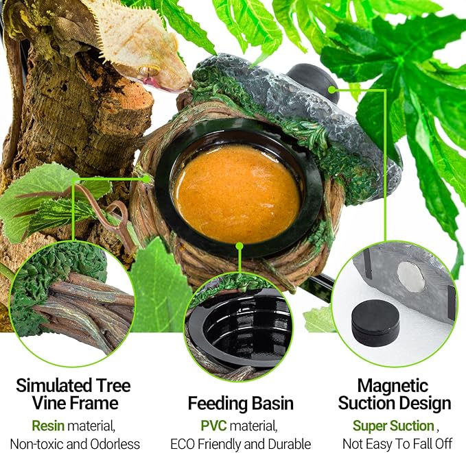 REPTI ZOO Magnetic Crested Gecko Feeding Ledge, Reptile Feeder Ledge with 2PCS Cups, Reptile Water Bowl for Bearded Dragon Lizard Snake, Hollow Vine Food Dish Tank Accessories