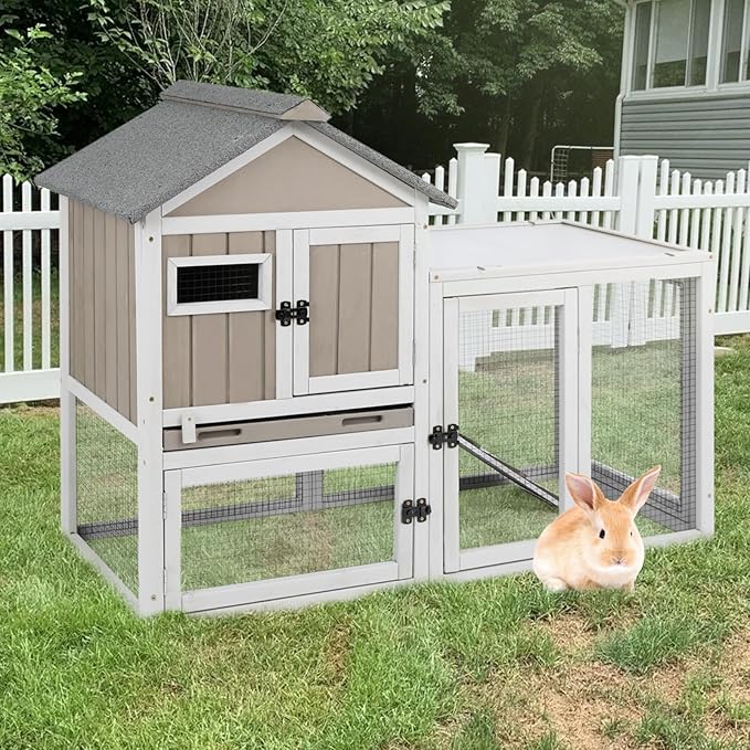 47''L Rabbit Hutch Outdoor Chicken Coop with Run, Wooden Indoor 2 Story Bunny House with Waterproof Roof, Pull Out Tray, Guinea Pig Rabbit Duck Cage for Small to Medium Animals and Pet Lover, Gray
