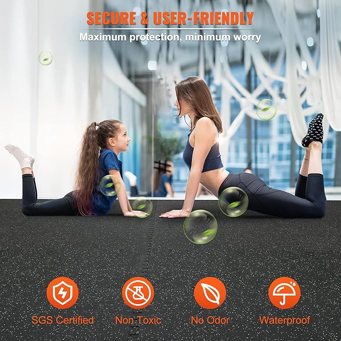 VEVOR 0.56Inch 48sq.ft 12 Tiles Gym Flooring for Home Gym, Rubber Top with High Density EVA Foam,25 x 25In Gym Floor Exercise Equipment Mats, Interlocking Gym Mats, Puzzle Workout Mats, Black & Grey