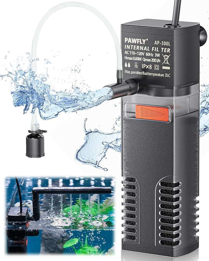 Pawfly Internal Aquarium Filter, Submersible Power Filter with 55 GPH Water Pump for 3 to 10 Gallon Fish Tanks Filtration Circulation and Oxygenation