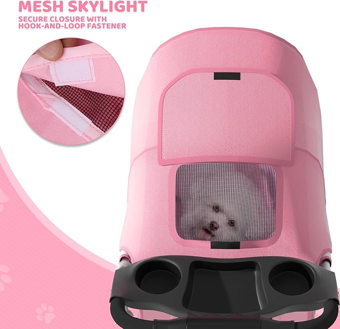 Magshion 3-Wheel Pet Stroller, Foldable Travel Jogger for Small & Medium Dogs & Cats (Up to 33lbs), Lightweight Carrier with Breathable Mesh Cover, Cup Holder & Storage Basket, Pink