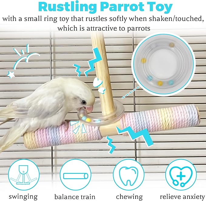 Bird Swing Toys with Rustling Sound, Colorful Cotton Rope Perch for Parrots' Soft Grip, Wooden Parakeet Swing Perch for Balance Training, Swaying Bird Cage Toys for Budgie Cockatiel Lovebird