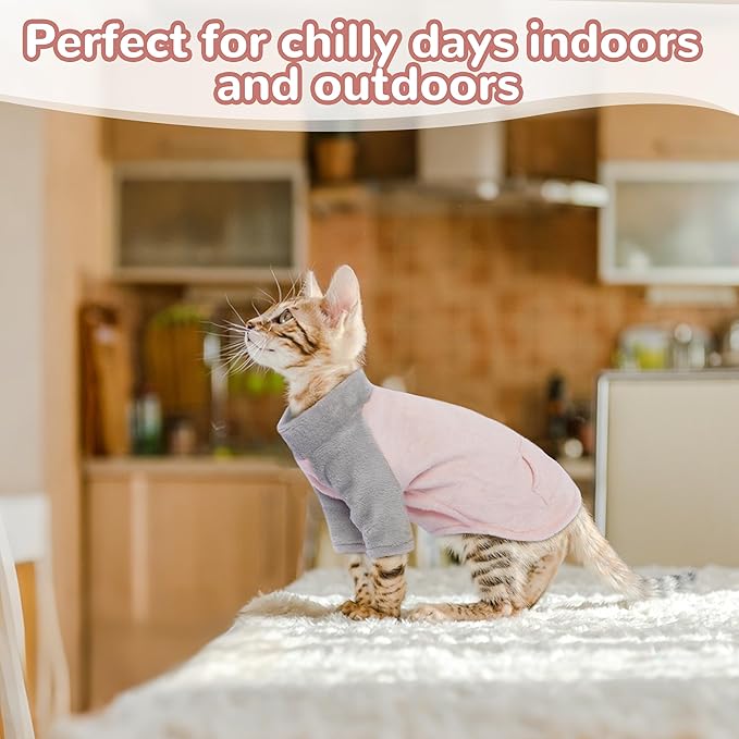 PUMYPOREITY Cozy Cat Sweater with Sleeves, Soft Coral Fleece Cat Clothes, Warm Winter Coat Thick Fleece for Hairless Cats, S, Pink