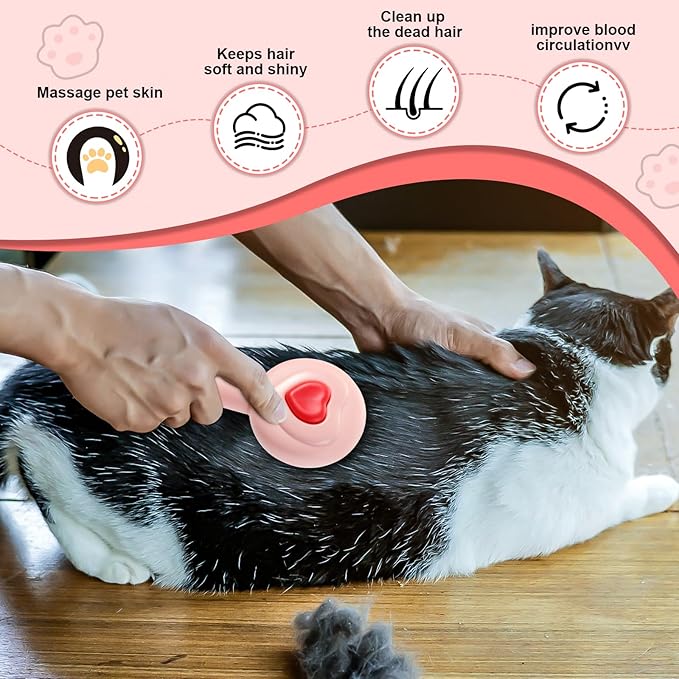 New cat brush&dog brush,pet hair brush with Self Cleaning Button Easy to remove loose undercoat，Needle-tip massage beads, no harm to the skin,Lovely Heart Series(Khaki)