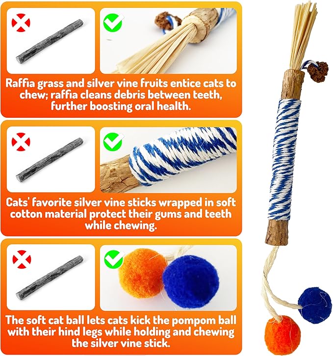 Catnip 6PCS Chew Stick with Wrapped Cotton Rope – Natural Dental Care Cat Toy for Teeth Cleaning & Gum Health, Satisfies Chewing Instincts, Safe & Long-Lasting Kitten Teething Toy