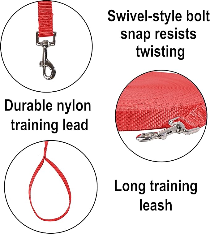 Hi Kiss Dog/Puppy Obedience Recall Training Agility Lead - 15ft 20ft 30ft 50ft 100ft Training Leash - Great for Training, Play, Camping, or Backyard (20 Feet, Red)