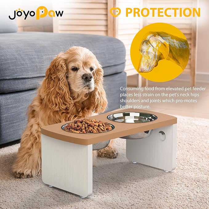 Elevated Dog Bowls, HIPS Raised Dog Bowl for Medium Dogs, with 2 Stainless Steel Bowls (7'' Tall-40 oz Bowl, Teak-White)