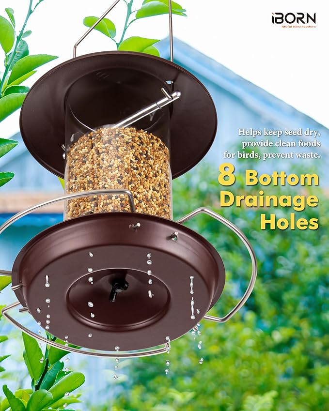 iBorn Bird Feeder Metal Squirrel Chew-Proof Bird Feeders for Outdoors Hanging for Cardinal Outside, Holds 1.5LB Seed with 3 Perchs, Bronze (Seed is not Included)