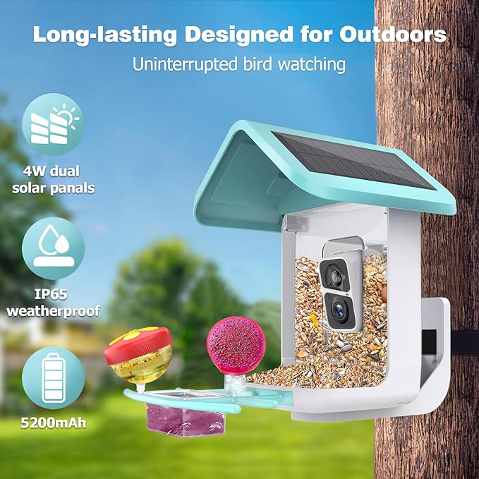 Bird Feeder with Camera: Solar Powered Smart Bird Camera Feeder 2K Live Feed for Backyard - AI Identify Auto Capture Videos, Gifts for Birdlovers Mom Dad, 2.4GHz WiFi