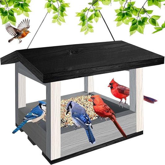 Wooden Hanging Bird Feeder Tray – Outdoor Platform Feeder for Cardinals, Squirrels, and Small Birds – Bird House Style for Backyard Garden (Grey)
