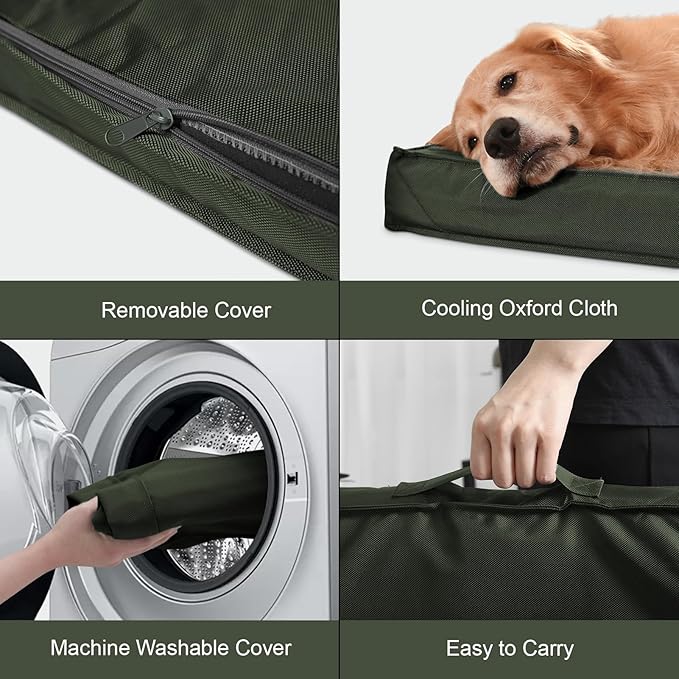 Outdoor Large Dog Bed, Waterproof Dog Bed for Large Dogs, Egg Crate Foam Pet Bed with Removable Washable Oxford Cooling Cover, Dark Green
