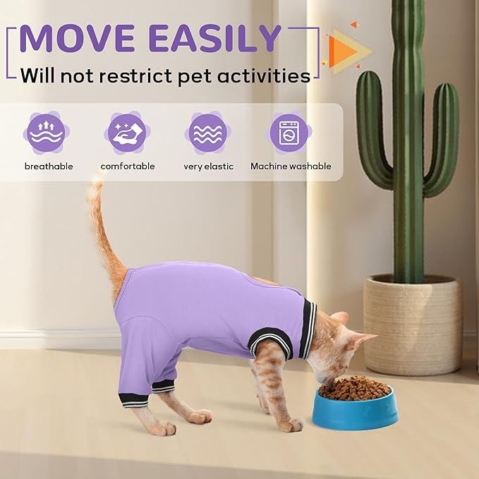 PUMYPOREITY Cat Recovery Suit for Hind Legs, Cat Surgical Spay Suit with Leg Sleeves to Stop Licking, Long Rear Sleeve Wound Cover Abdomen Kitten Onesie, Purple, L