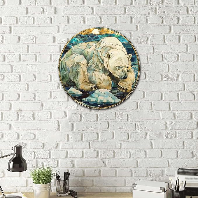 Lygond Metal Sign Tin Sign Circular Stained Glass Polar Bear Garden Tin Sign for Pet 8×8 Inches