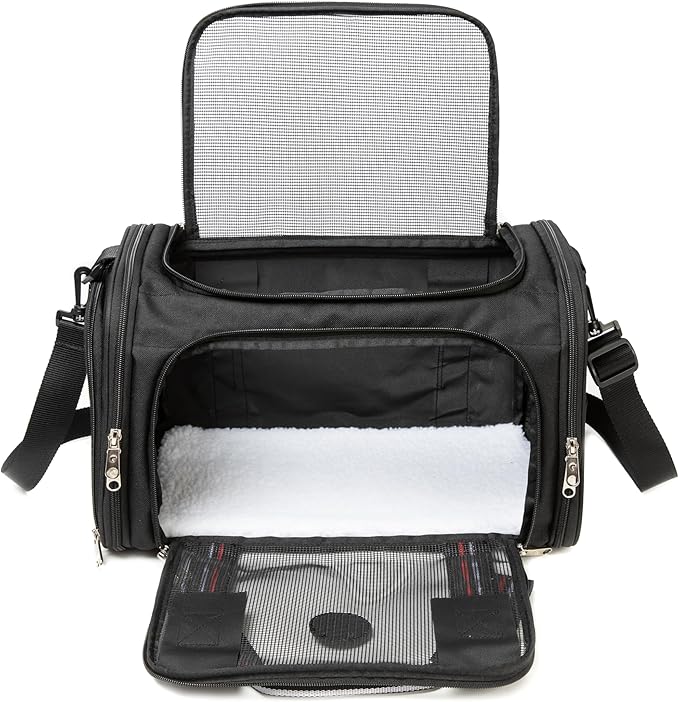 CAGA Soft-Sided Pet Carrier - Ventilated Foldable & Collapsible Under Seat Travel Kennel with Pockets for Small to Medium Dogs & Cats up to 15 lbs (Black)