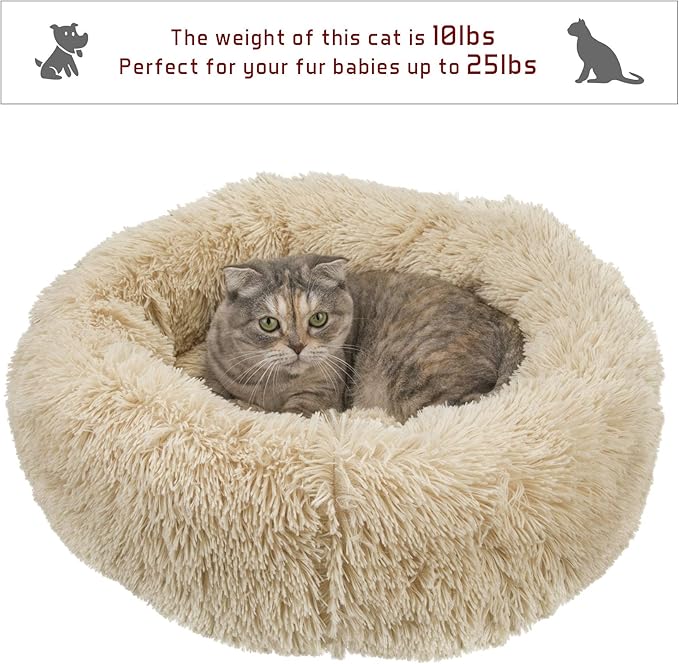 Calming Cat Bed - Anti Anxiety Round Fluffy Plush Faux Fur, Washable 23 inches Small Dog & Cat Bed