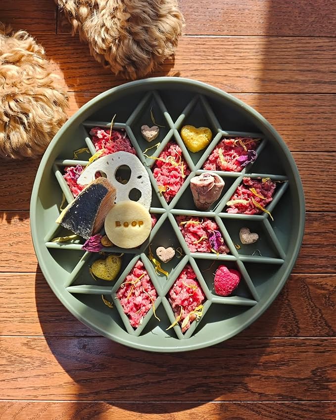 OHMO Slow Feeder Dog& Cat Bowl, Silicone Puppy Cat Food Bowl with Anti-Slip Suction Cup Slow Down Small Dogs Eating, Anti Choking (S-Diamond,Camo Green)